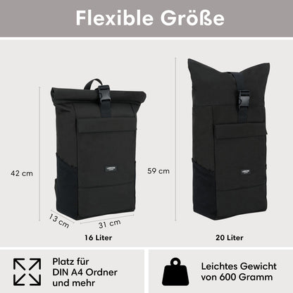 LARKSON No 4 Rolltop Rucksack schwarz mit Laptopfach bis 16 Zoll