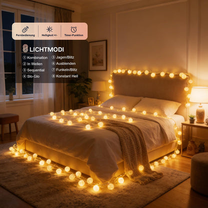 Ciskotu LED Lichterkette Baumwollkugeln, 8 m, 16 Kugeln, dimmbar