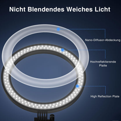 Yarrashop LED Ringlicht mit Stativ, 10.5 Zoll, 3 Lichtfarben, Schwarz