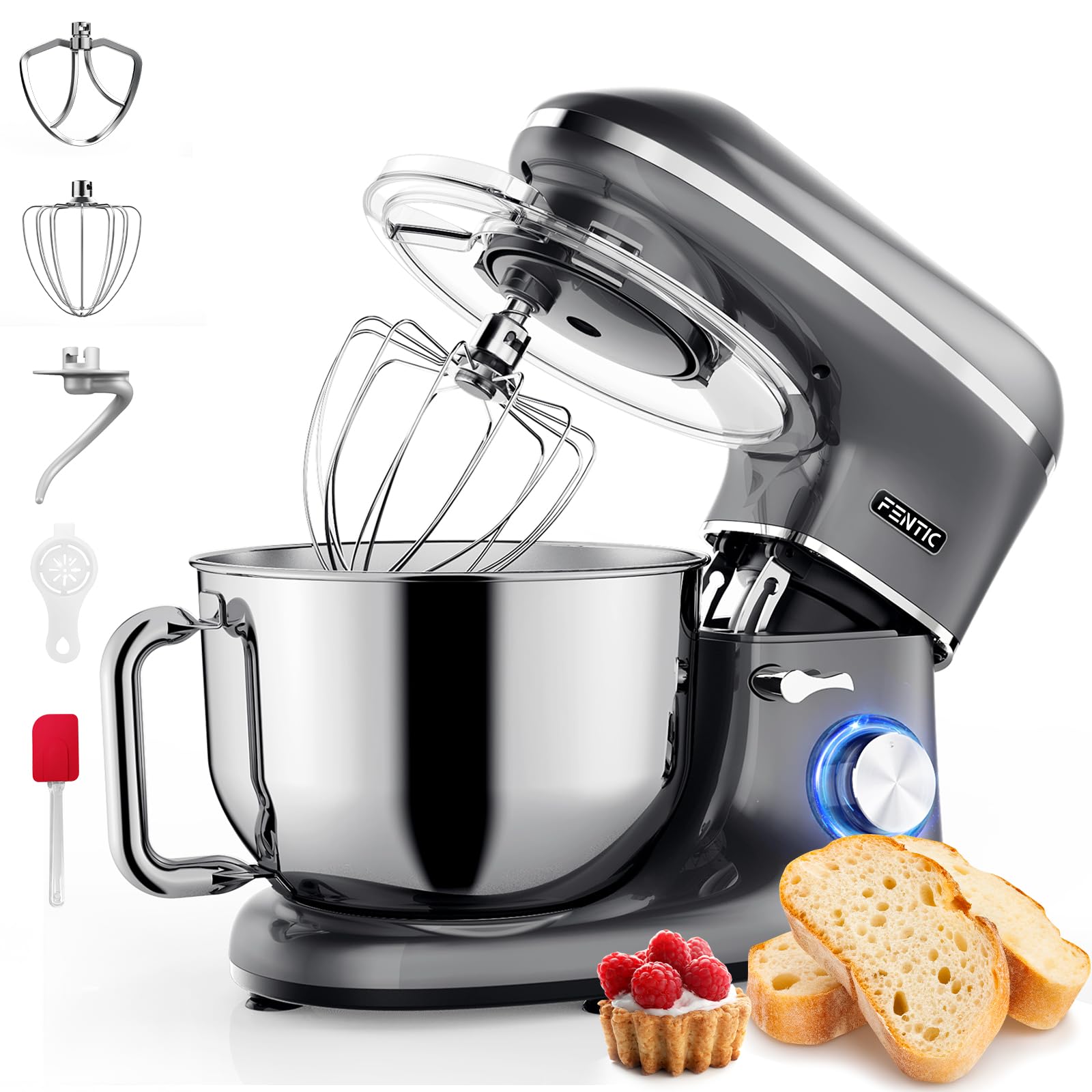 Fentic Küchenmaschine 2000W, 6.2L Edelstahl Rührschüssel - Anthrazit. Zum Kneten, Rühren und Schlagen von Teigen.