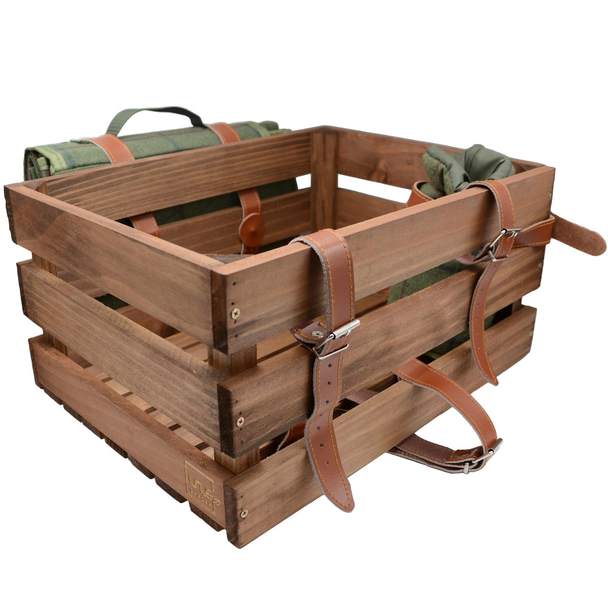 UNUS Fahrradkiste aus Holz mit Picknickdecke und Flaschenhalter – rustikale Holzkiste mit Lederriemen