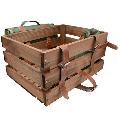 UNUS Fahrradkiste aus Holz mit Picknickdecke und Flaschenhalter – rustikale Holzkiste mit Lederriemen