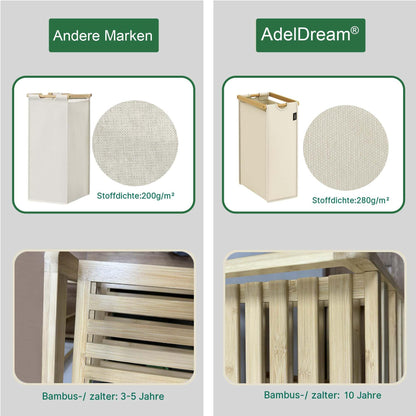 AdelDream Wäschekorb 150 L mit 3 Fächern, Bambusrahmen, Beige
