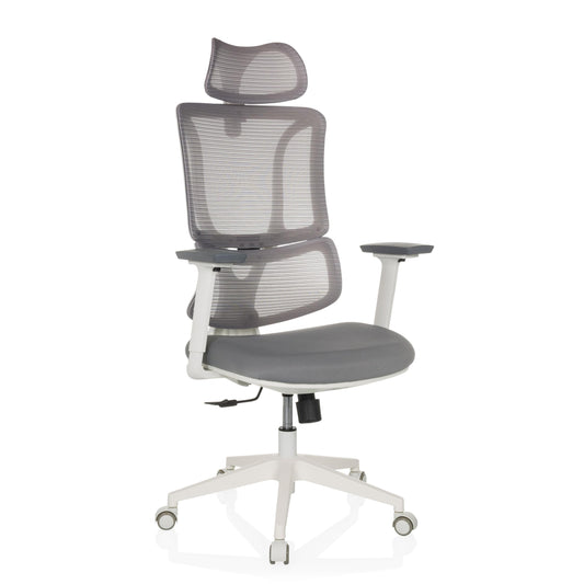 MyBuero ERGOMY W Ergonomischer Bürostuhl in Weiß und Grau. Er unterstützt langes, rückenschonendes Sitzen im Büro.