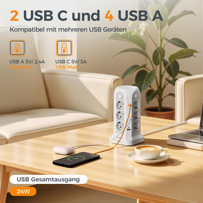 TESSAN Steckdosenturm 12-fach mit USB-C, 5 m Kabel, Weiss