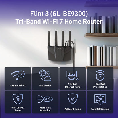 GL.iNet GL-BE9300 Flint 3 WiFi 7 Router, Tri-Band, 5x 2.5G Ports