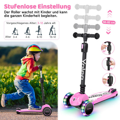 YOLEO Kinderroller Dreiradscooter, 4-fach höhenverstellbar, Rosa
