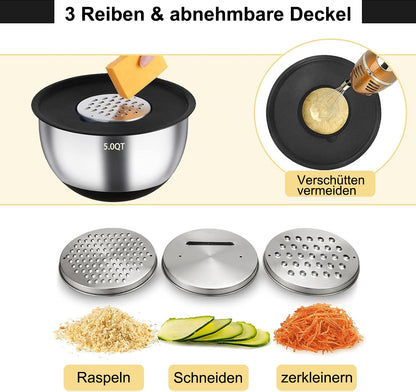 Terlulu Rührschüssel Set 6-teilig, Edelstahl mit Deckel, schwarz