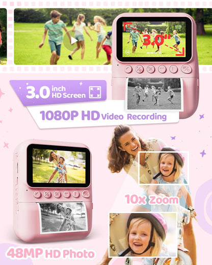 TIATUA Kinderkamera Sofortbildkamera 48 MP mit 32 GB Karte, Rosa