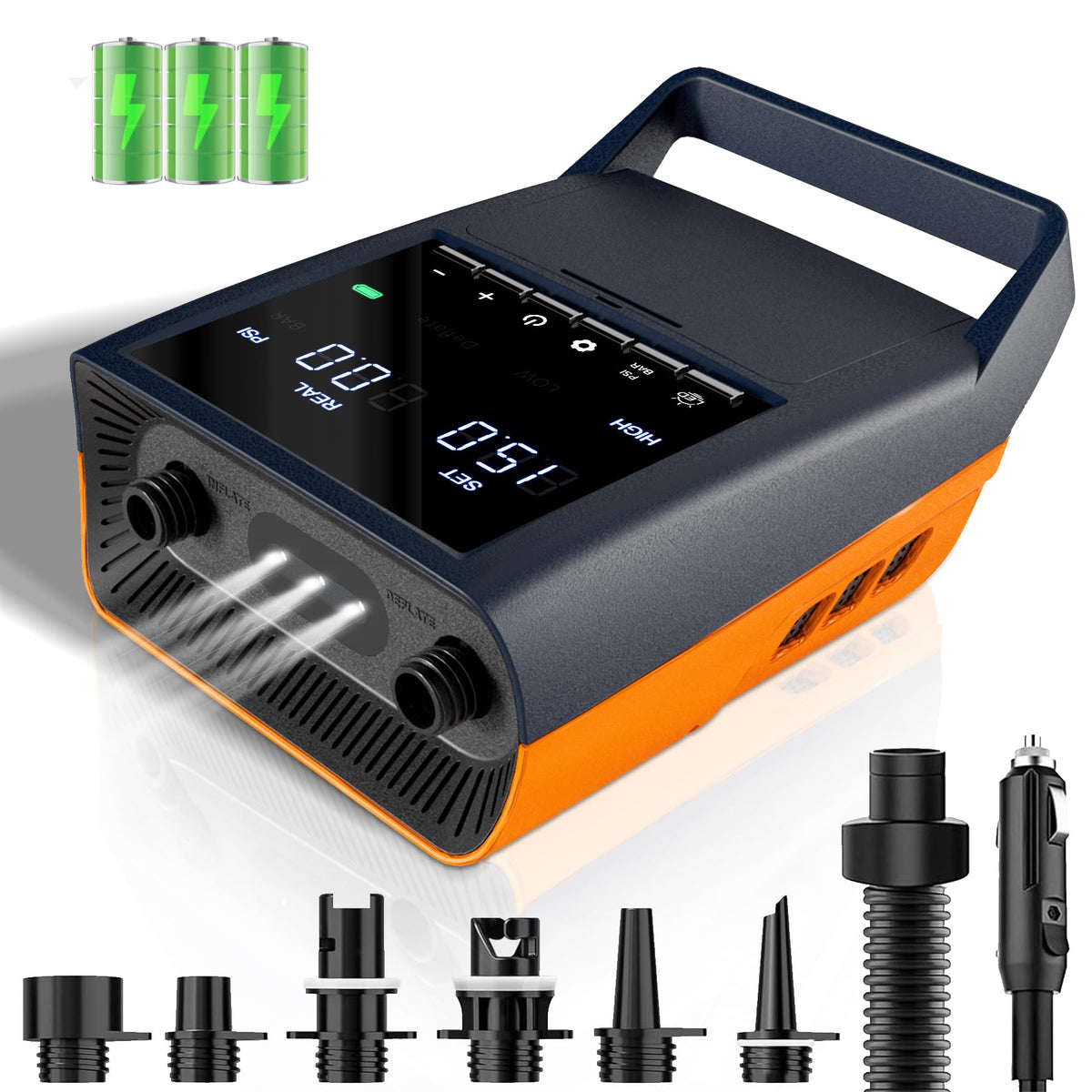 Mojimdo Elektrische SUP-Pumpe 20 PSI, wiederaufladbare Luftpumpe mit 6 Düsen und Aufblasschlauch