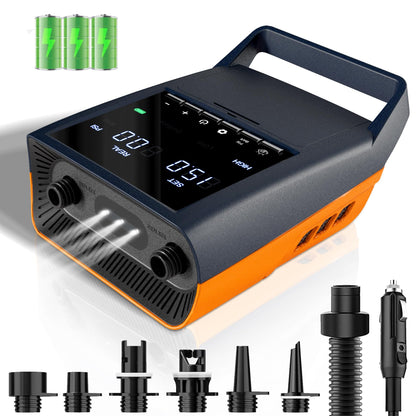 Mojimdo Elektrische SUP-Pumpe 20 PSI, wiederaufladbare Luftpumpe mit 6 Düsen und Aufblasschlauch