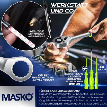 MASKO® Werkzeugkoffer Werkzeugset Gefüllt - 1400-teilig mit Rollen