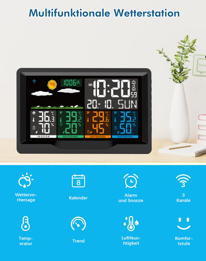 Qxmcov Wetterstation Funk – 3 Sensoren, Digital Thermo-Hygrometer