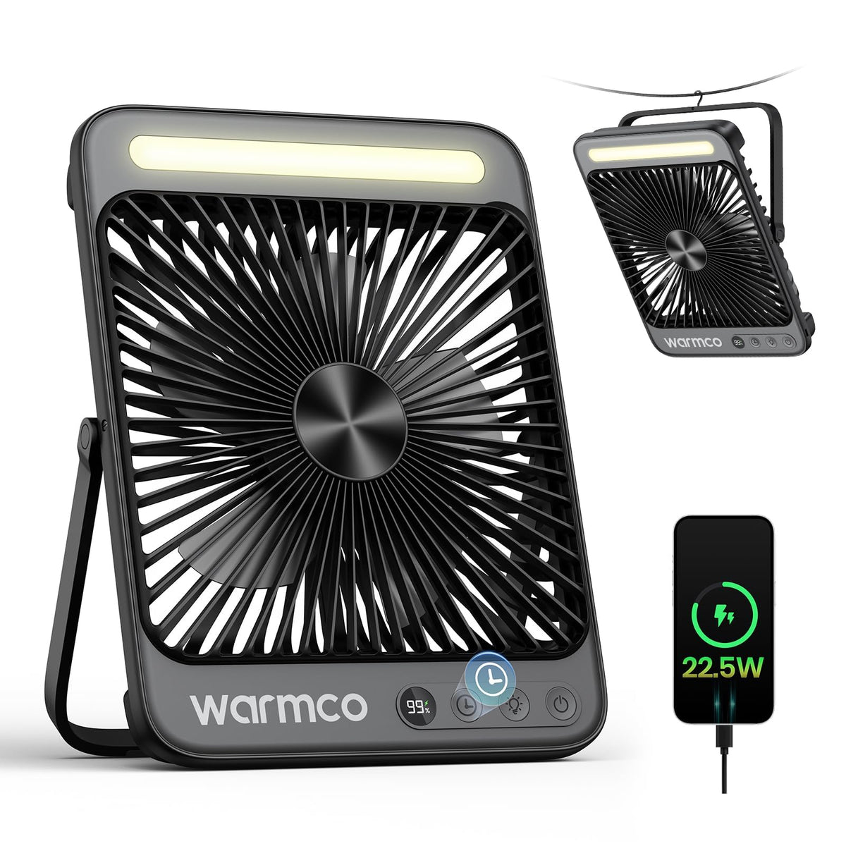 Warmco D4 Pro Campingventilator, Akku-Tischventilator mit Licht, ultraflach mit Aufhängehaken