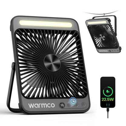 Warmco D4 Pro Campingventilator, Akku-Tischventilator mit Licht, ultraflach mit Aufhängehaken