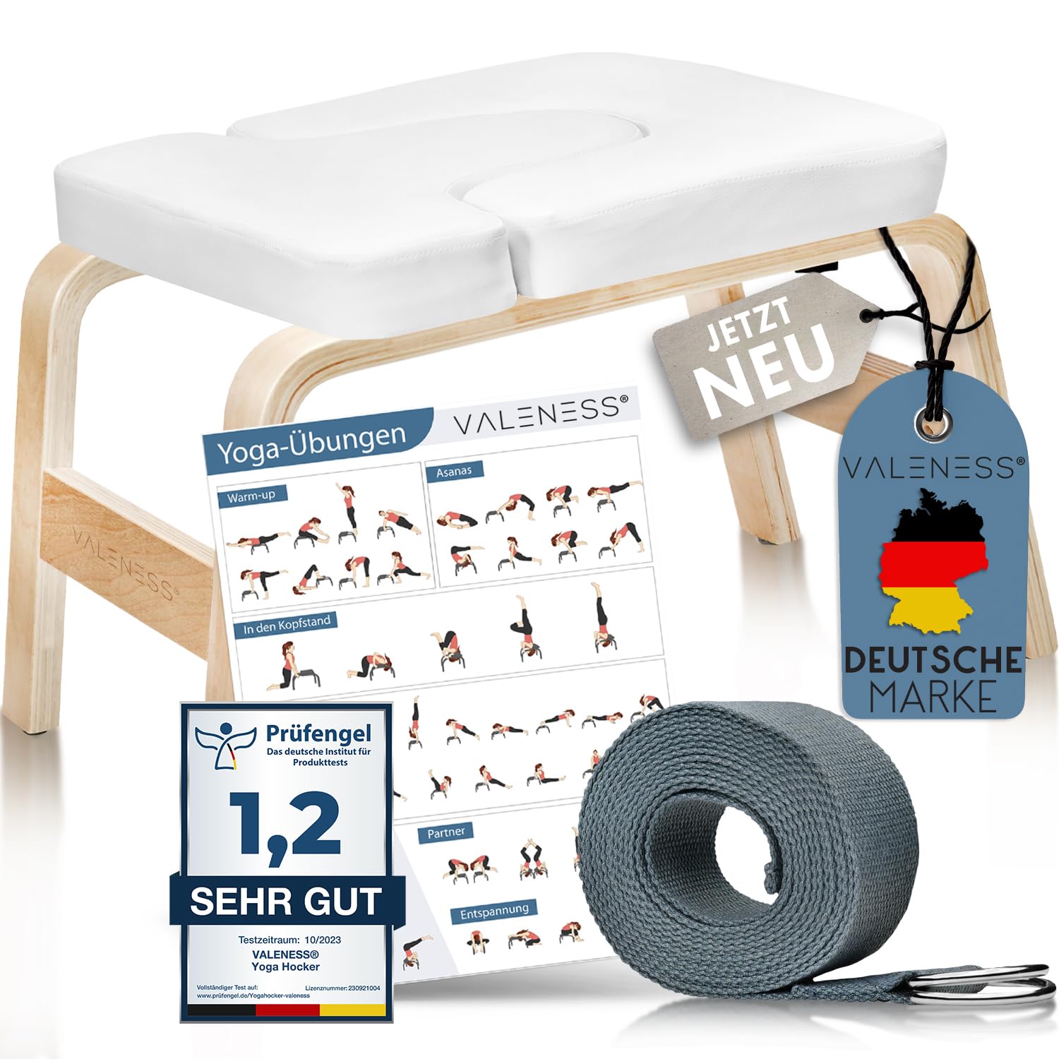 VALENESS® Yoga Kopfstandhocker. Weisser, robuster Hocker mit Polster für sichere Kopfstände und Handstände im Yoga.