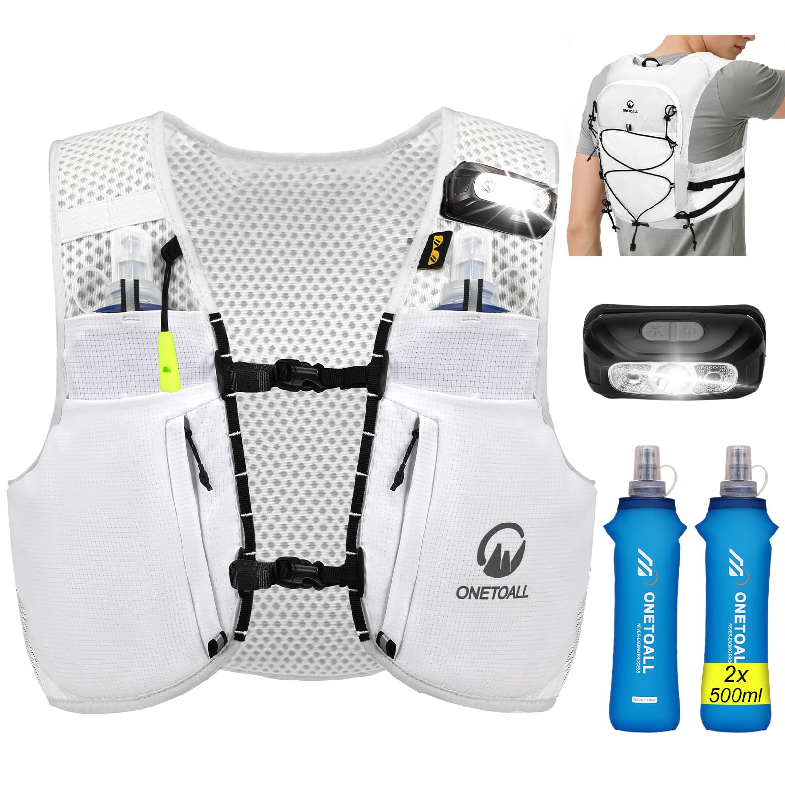 ONETOALL Laufweste mit 2 Trinkflaschen 500 ml, reflektierend, weiss – LED-Licht und 10 Taschen