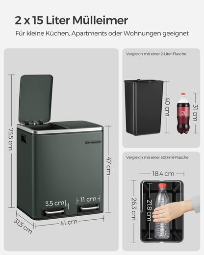 SONGMICS Mülleimer Küche 2x15L Mülltrennsystem grüngrau LTB30GS