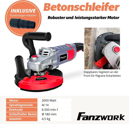 FANZWORK Betonschleifer Betonfräse Set mit Schleiftopf 2000W/180mm