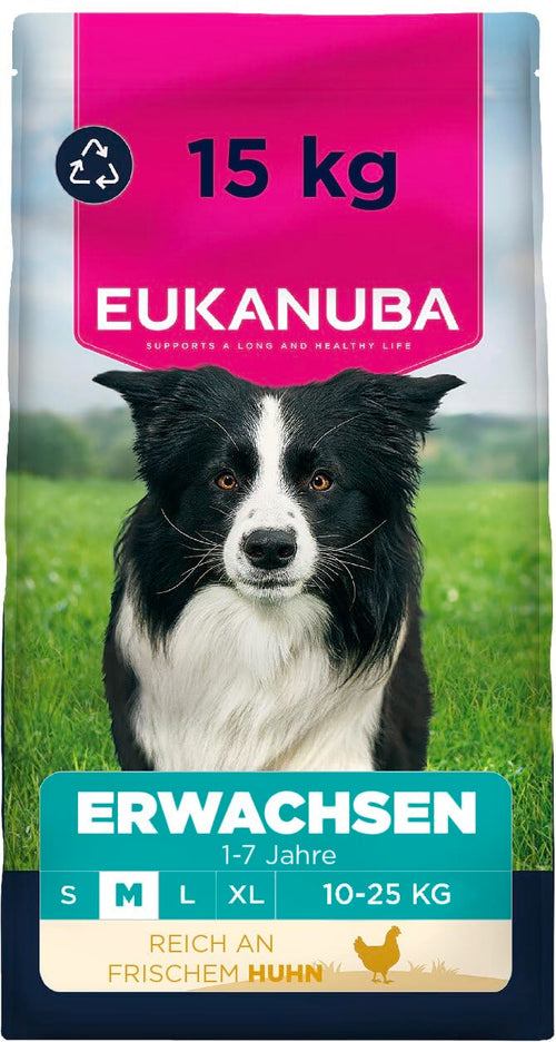 Eukanuba Trockenfutter mit frischem Huhn, mittelgrosse Rassen, 15 kg, sechseckige Kroketten, recyclingfähige Verpackung