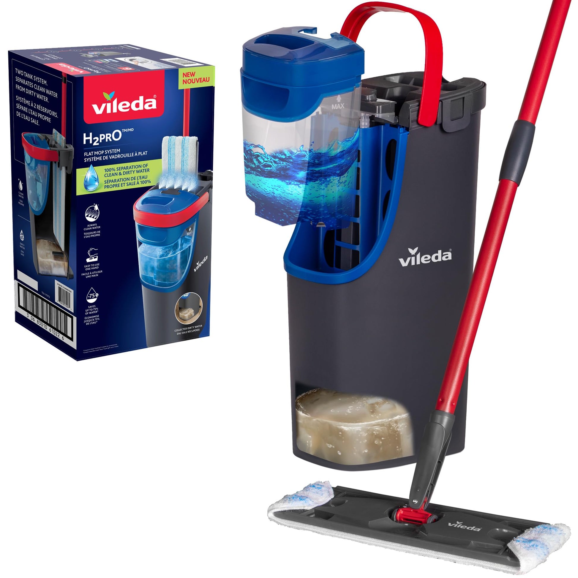 Vileda H2prO Wischmopp- und Eimer-Set mit Mikrofaser-Wischkopf, flacher Mopp und kompakter Eimer zur Bodenreinigung