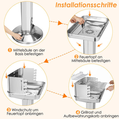 TLGREEN Holzkohlegrill Edelstahl Säulengrill höhenverstellbar