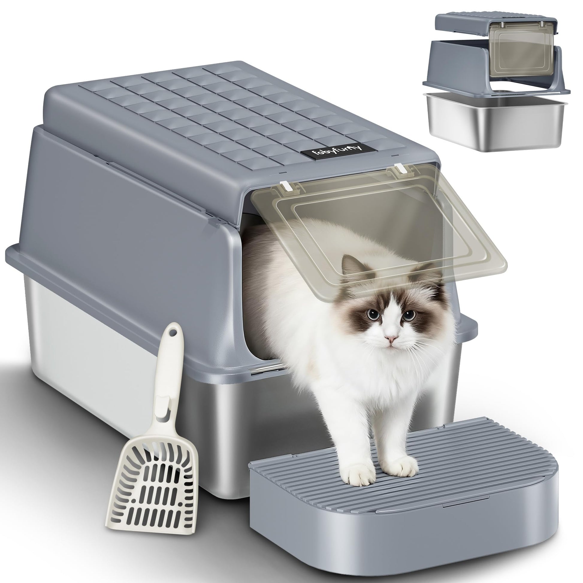 Fobyfurny Edelstahl-Katzenklo XXL geschlossen mit Deckel, Cremegrau – Katzentoilette mit Fussstufe und Schaufel