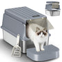 Fobyfurny Edelstahl-Katzenklo XXL geschlossen mit Deckel, Cremegrau – Katzentoilette mit Fussstufe und Schaufel