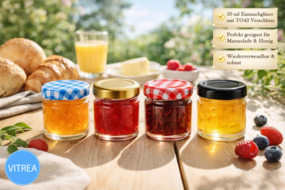 Vitrea Mini-Marmeladengläser 50 ml mit Schraubdeckel Gold, 100 Stück