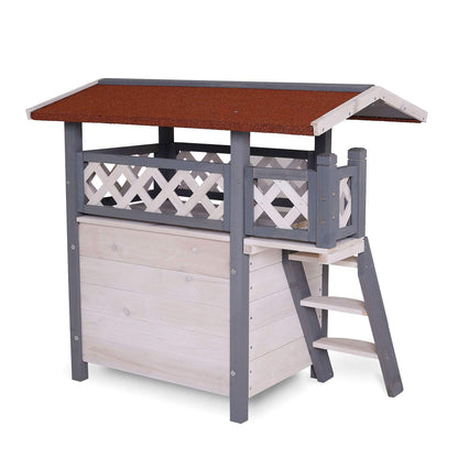 lionto Katzenhaus Outdoor mit Terrasse & Treppe - grau/weiss