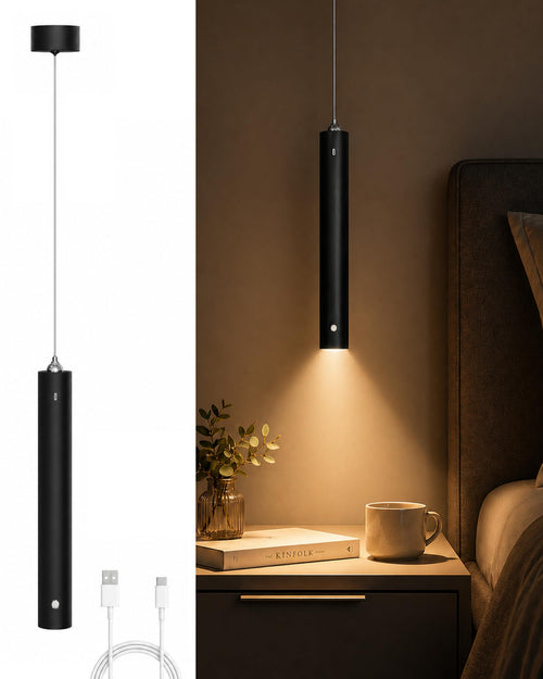 ACMHNC Akku Pendelleuchte Schwarz LED Hängelampe dimmbar USB-C, schlankes zylindrisches Aluminiumdesign