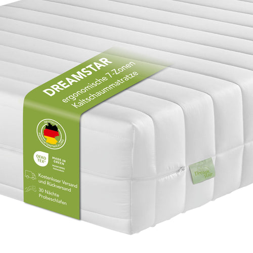 DREAMSTAR Easy Flex 7-Zonen Kaltschaummatratze - H2/H3 140x200 cm. Weiße 7-Zonen-Matratze mit Punktelastizität.
