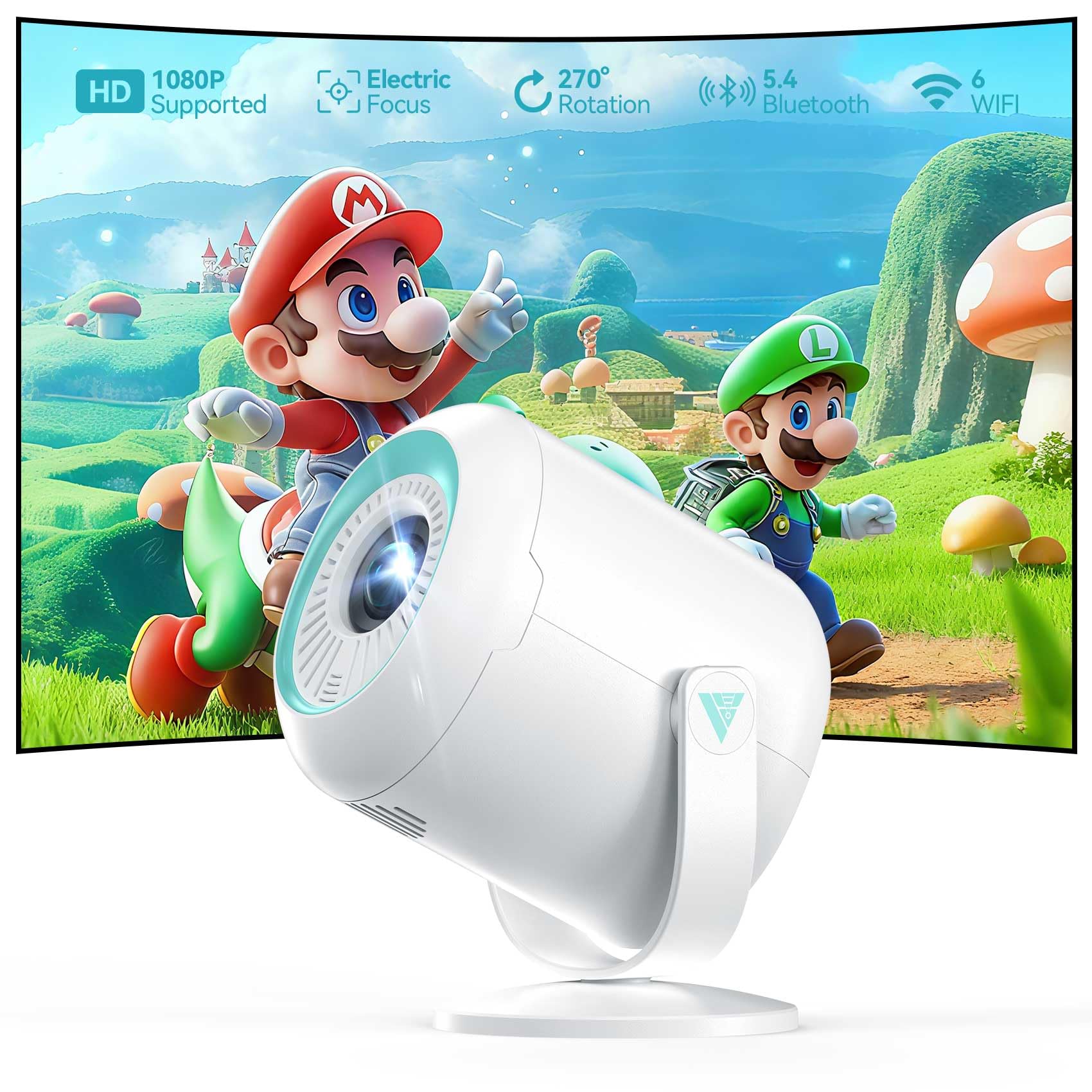 Nasin VF211WF Mini Beamer 1080P Full HD mit WiFi 6 und Bluetooth, 270° drehbare Halterung