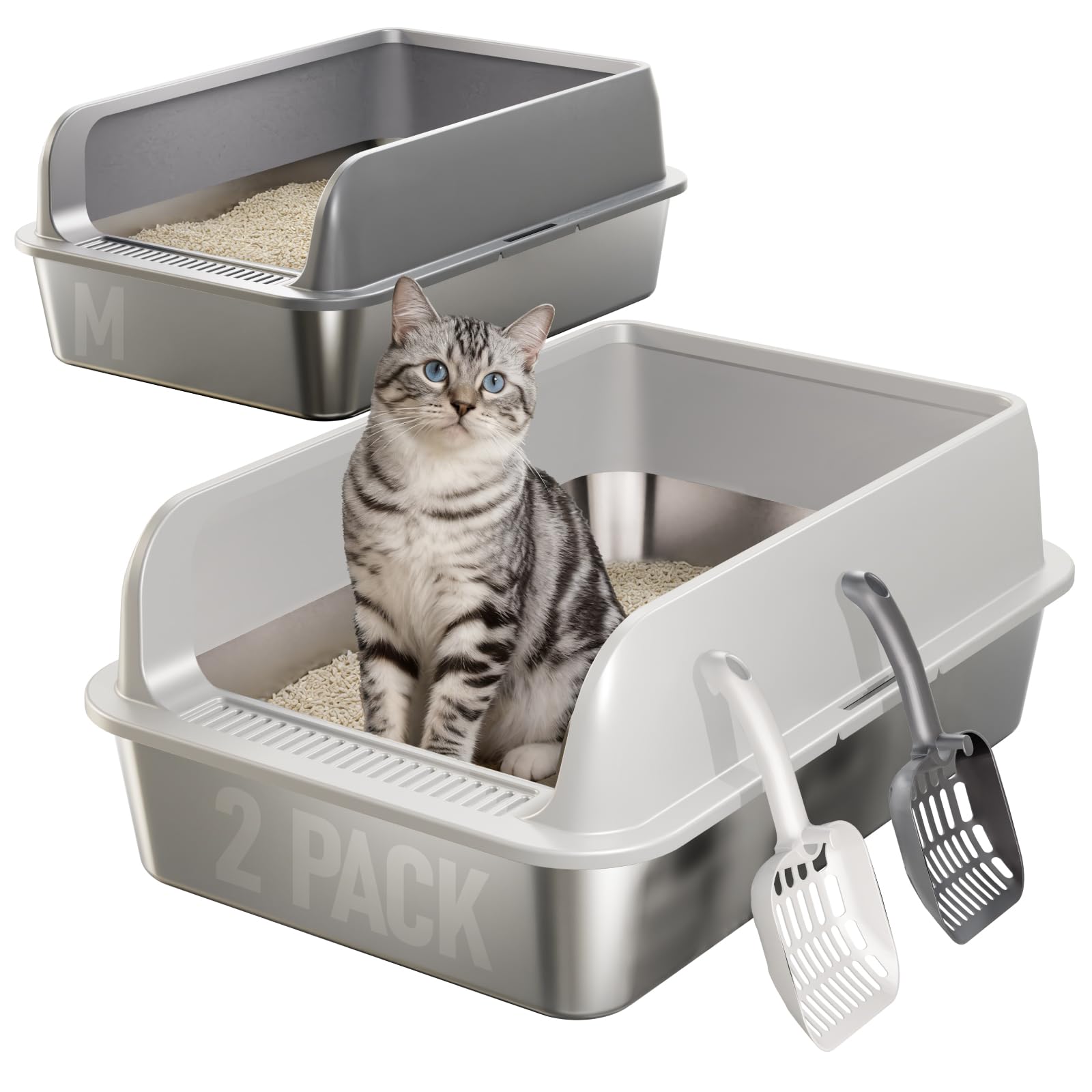 Fusblom Katzenklo aus Edelstahl mit Deckel, 2er-Set, Grösse M, niedriger Einstieg
