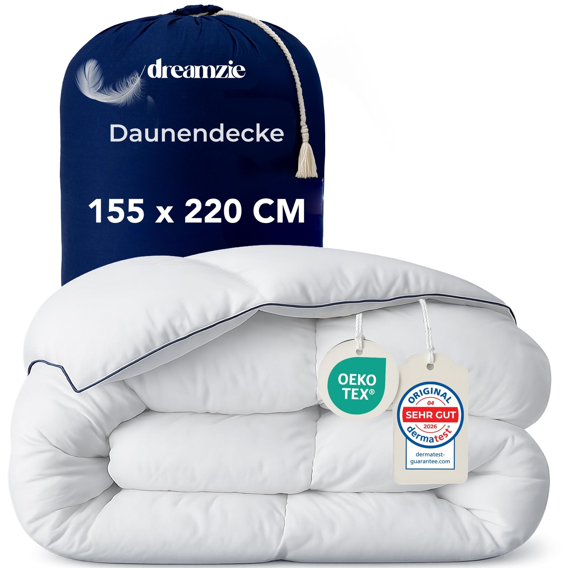 Dreamzie Daunendecke 155x220 cm – Ganzjahresdecke mit Daunen & Federn, bauschige Bettdecke