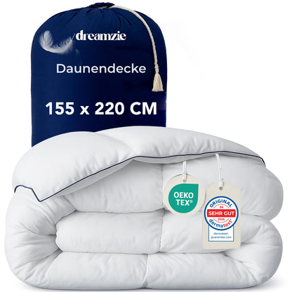 Dreamzie Daunendecke 155x220 cm – Ganzjahresdecke mit Daunen & Federn, bauschige Bettdecke