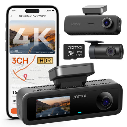 70mai T800E 4K 3-Kanal Dashcam mit HDR, GPS und 64GB SD-Karte – kompakte Autokamera