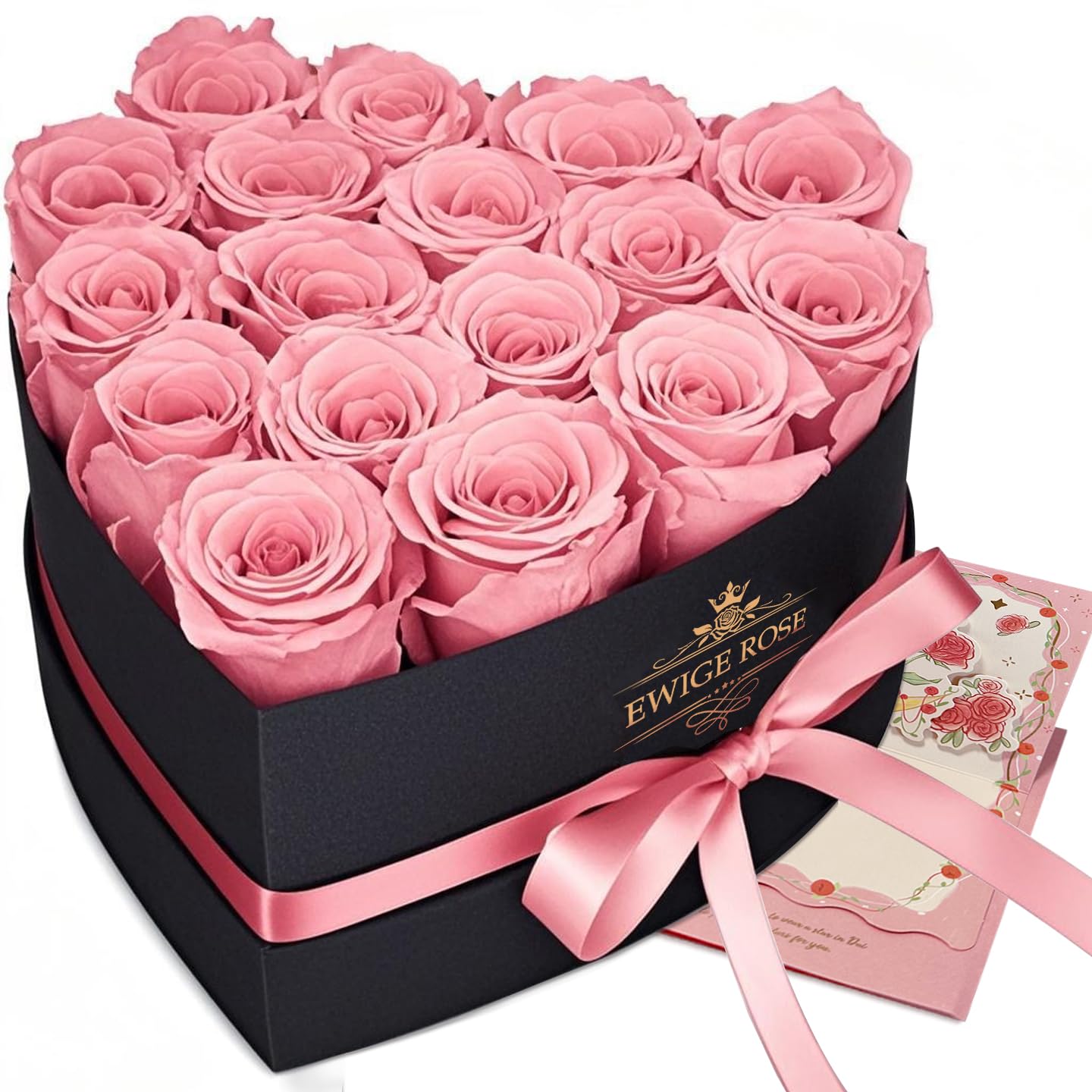 QHHENTOO Infinity Rosen, 17 konservierte Rosen in Herzbox, Rosa – herzförmige schwarze Geschenkbox