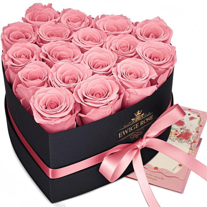 QHHENTOO Infinity Rosen, 17 konservierte Rosen in Herzbox, Rosa – herzförmige schwarze Geschenkbox