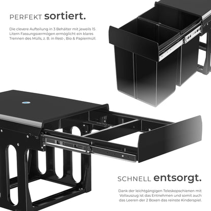 tectake Einbaumülleimer Ashlyn 2 x 15 L, ausziehbar, für Unterschrank
