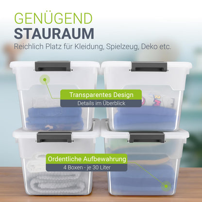 Juskys Aufbewahrungsbox mit Deckel, 4er Set, 30 Liter, transparent