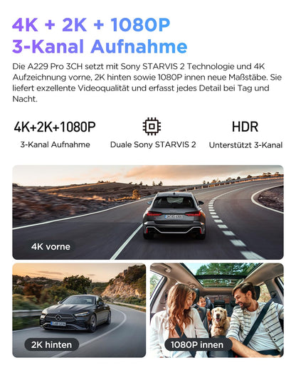 VIOFO A229 Pro 3-Lens 4K Dashcam - Vorne Hinten Innen