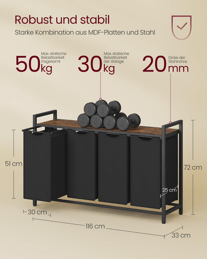 VASAGLE Wäschekorb 4 Fächer BLH401B01, tintenschwarz-vintagebraun