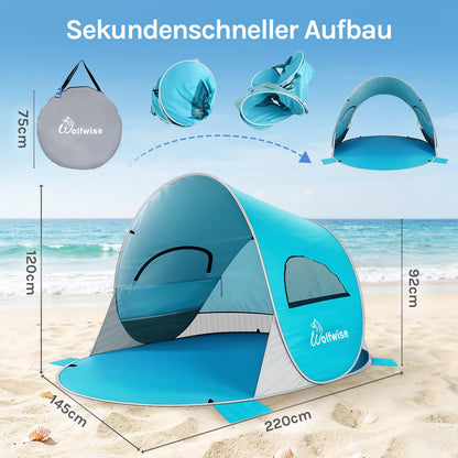 WolfWise Strandmuschel Pop-Up Zelt mit UV-Schutz 50+, 3-4 Personen