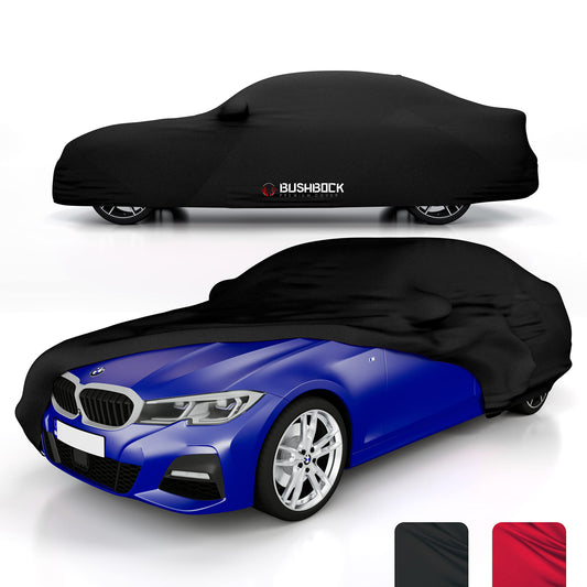 BUSHBOCK® Premium Autoabdeckung Indoor Satin Stoff - Schwarz, L. Schwarze Satin-Autoabdeckung für Indoor-Fahrzeugschutz.