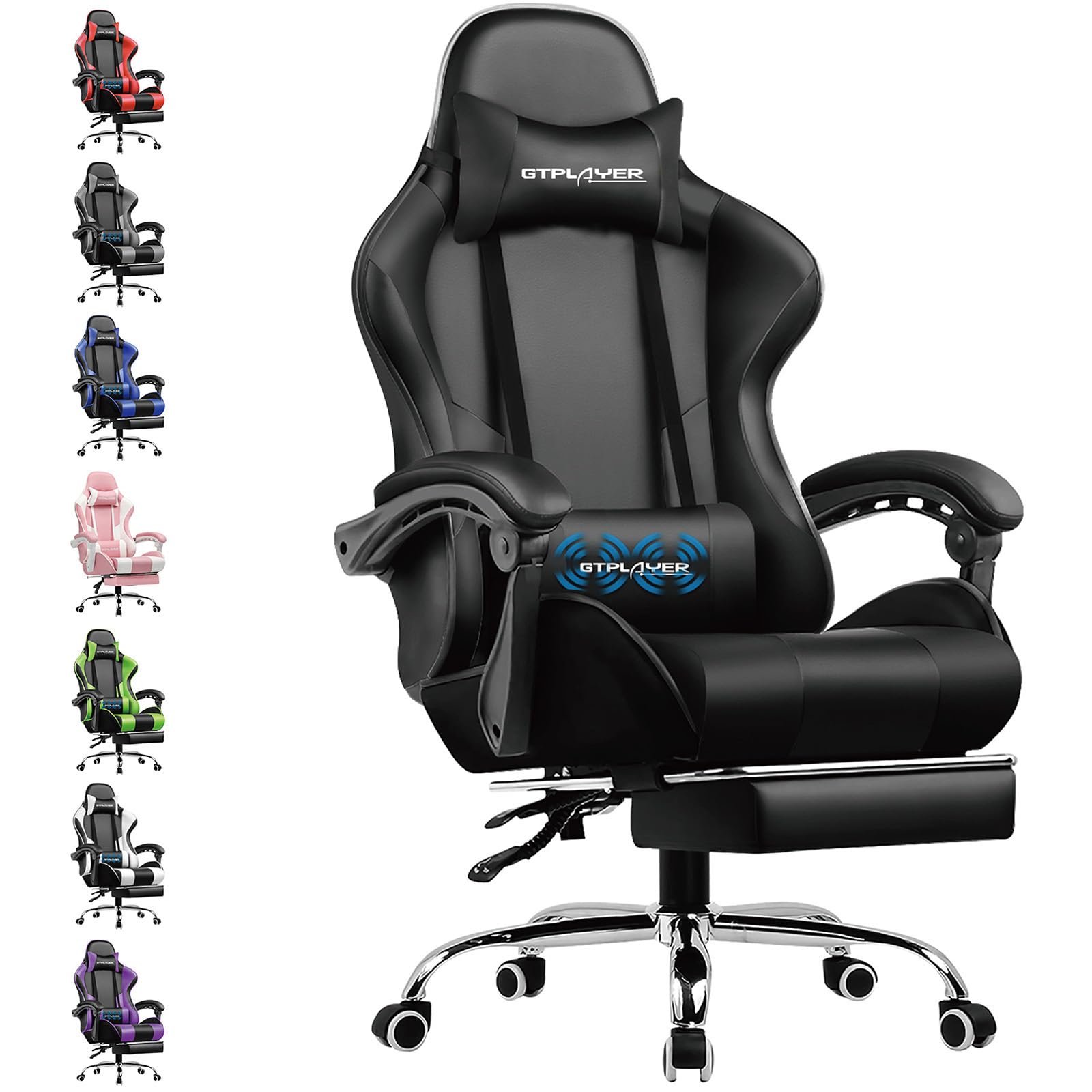 GTPLAYER Gaming Stuhl Bürostuhl Massage Fussstütze - Schwarz. Ergonomischer Stuhl mit integrierter Massage und ausziehbarer Fussstütze für Gaming und Büro.