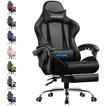 GTPLAYER Gaming Stuhl Bürostuhl Massage Fussstütze - Schwarz. Ergonomischer Stuhl mit integrierter Massage und ausziehbarer Fussstütze für Gaming und Büro.