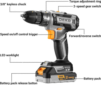 DEKOPRO Akku-Bohrmaschine 20 V Set mit Akku, Ladegerät und Zubehör