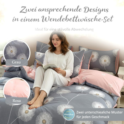 KEAYOO Wendebettwäsche Set 4-teilig Baumwolle Grau Rosa 135x200