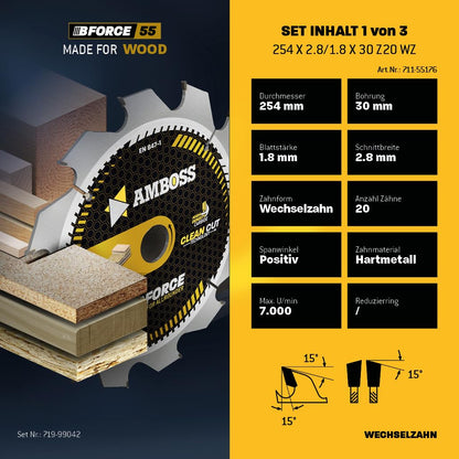 Ø254 x 30 Tisch- Kreissägeblatt Set passend für Bosch GTS 10, PTS 10, PTS 100 T, Festool TKS80, Scheppach HS105, Metabo TK250, TS254 - AMBOSS WERKZEUGE® 254x30 Sägeblatt Sortiment